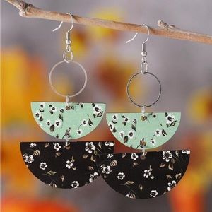 Green & Black Flower Pattern Semicircle Drop Earrings